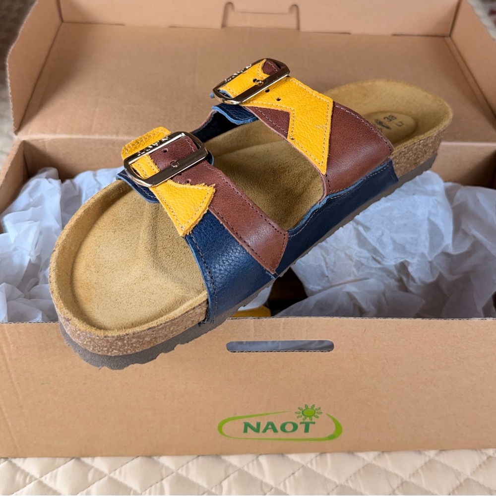 Naot San Diego Slide Sandals in Brown, Mustard, and Navy, Size 7/38 EU, NWB - Picture 11 of 14